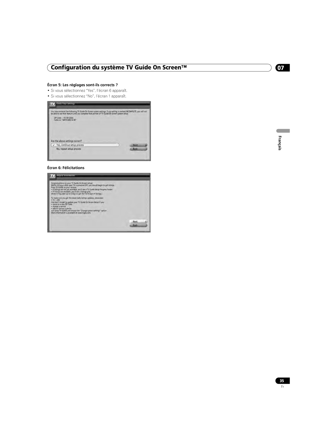 Pioneer PDP-5080HD operating instructions Écran 5 Les réglages sont-ils corrects ?, Français Écran 6 Félicitations 