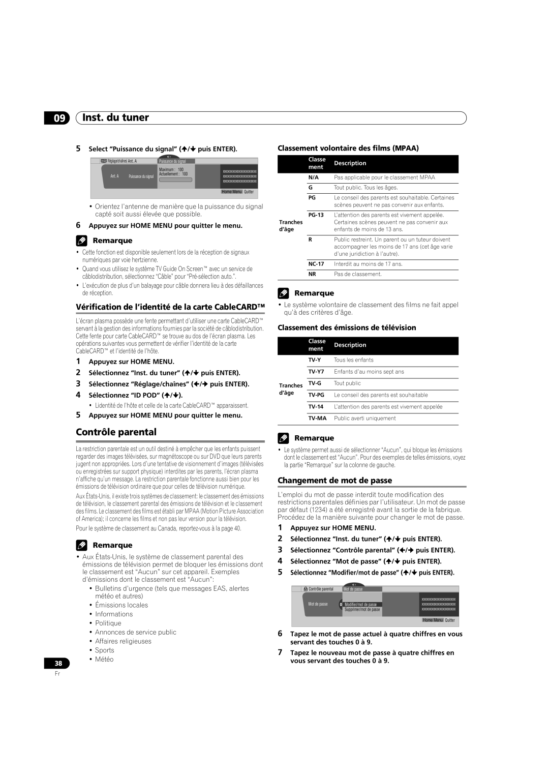 Pioneer PDP-5080HD Contrôle parental, Vérification de l’identité de la carte CableCARD, Changement de mot de passe 