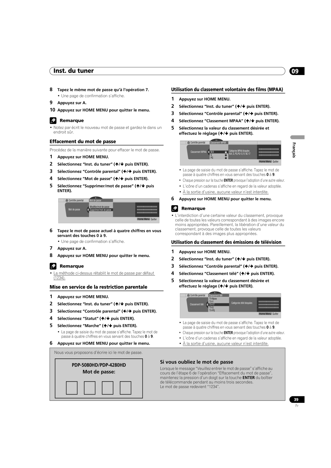 Pioneer PDP-5080HD operating instructions Effacement du mot de passe, Mise en service de la restriction parentale 