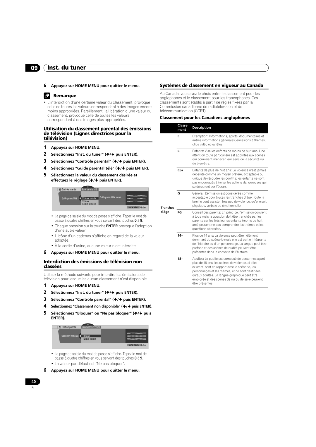 Pioneer PDP-5080HD Interdiction des émissions de télévision non classées, Systèmes de classement en vigueur au Canada 