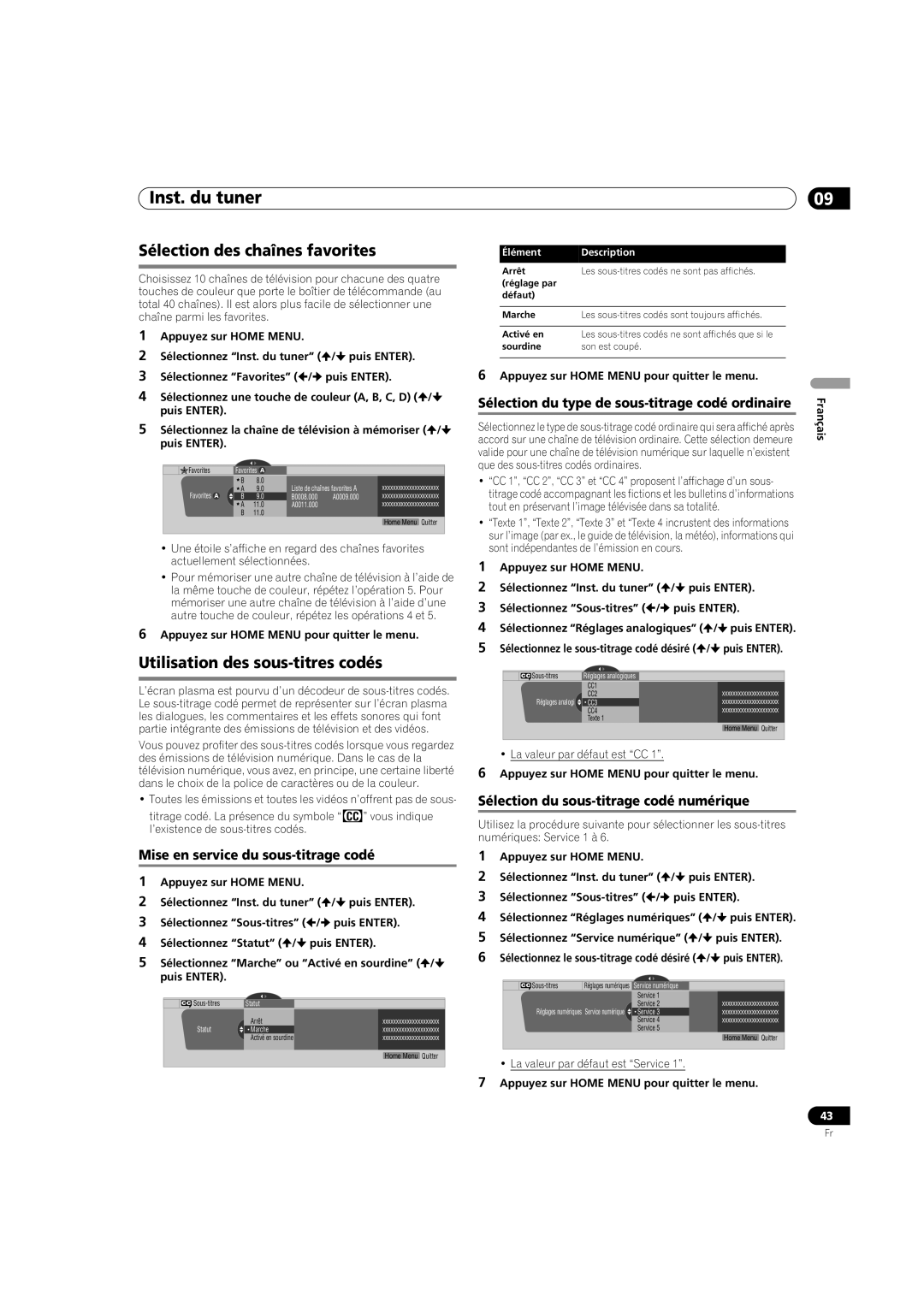 Pioneer PDP-5080HD operating instructions Sélection des chaînes favorites, Utilisation des sous-titres codés 