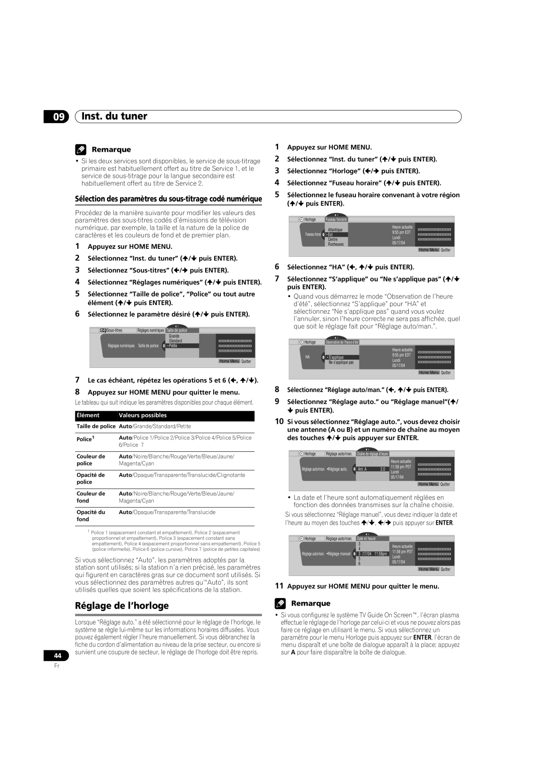 Pioneer PDP-5080HD operating instructions Réglage de l’horloge, Sélection des paramètres du sous-titrage codé numérique 