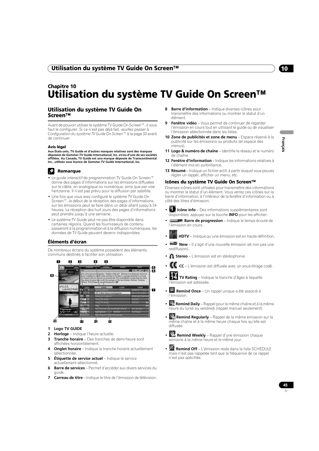 Pioneer PDP-5080HD Utilisation du système TV Guide On Screen, Icônes du système TV Guide On Screen, Éléments d’écran 