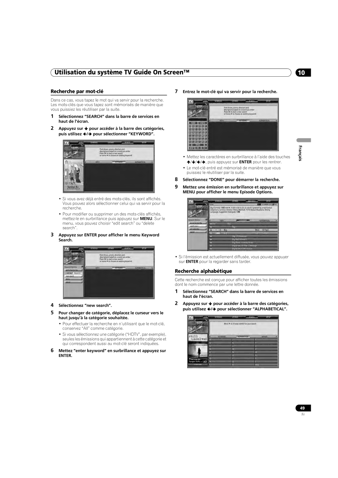 Pioneer PDP-5080HD Recherche par mot-clé, Recherche alphabétique, Mettez enter keyword en surbrillance et appuyez sur 