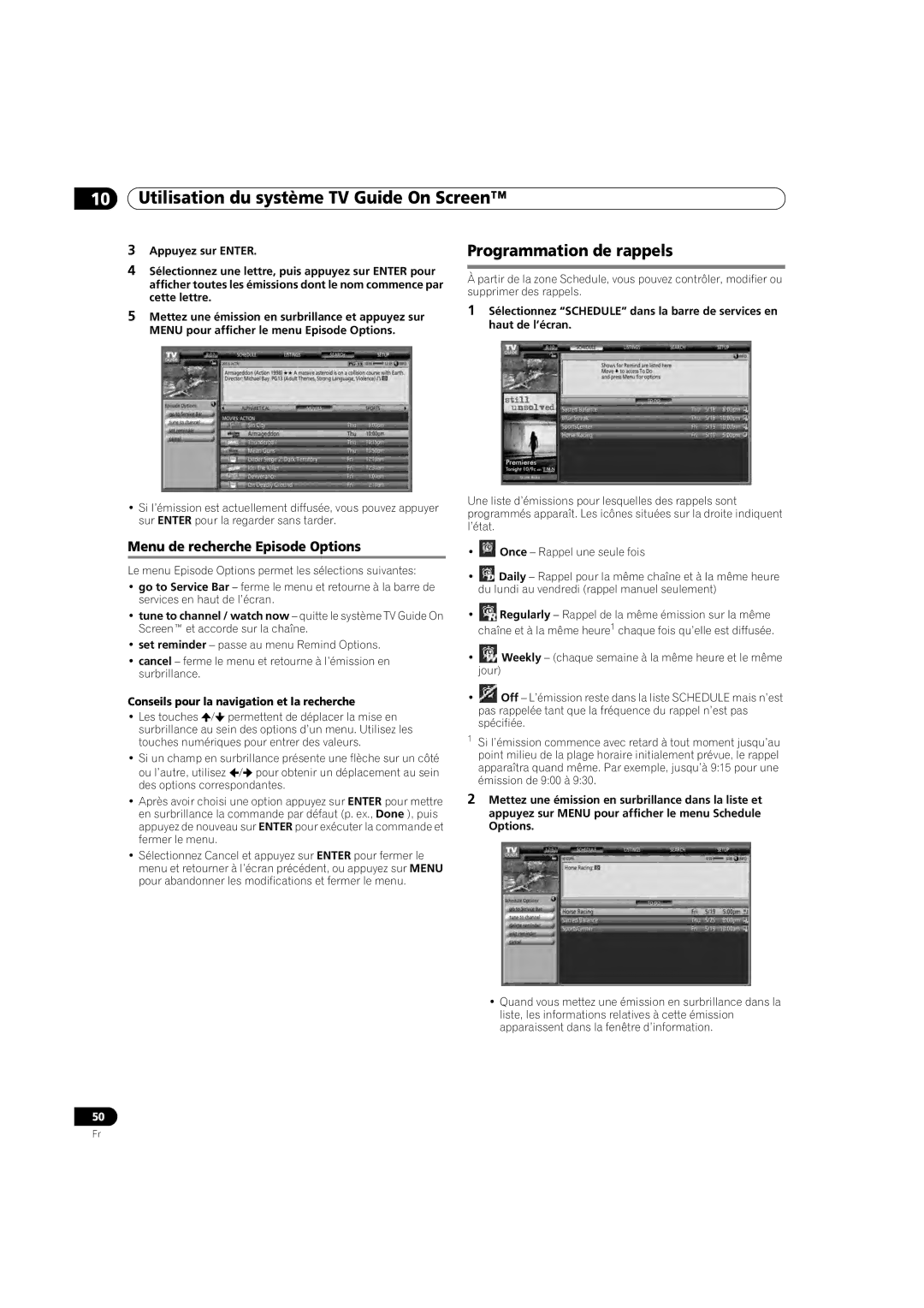 Pioneer PDP-5080HD operating instructions Programmation de rappels, Menu de recherche Episode Options, Appuyez sur Enter 