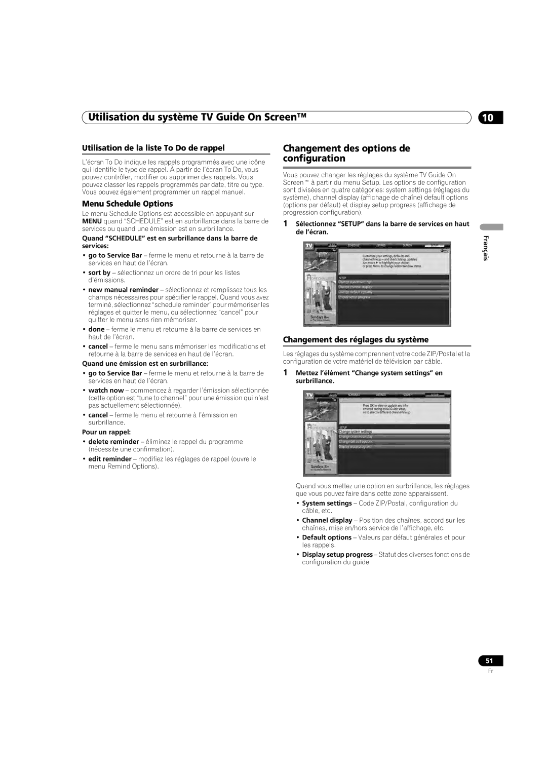 Pioneer PDP-5080HD Changement des options de configuration, Utilisation de la liste To Do de rappel, Menu Schedule Options 