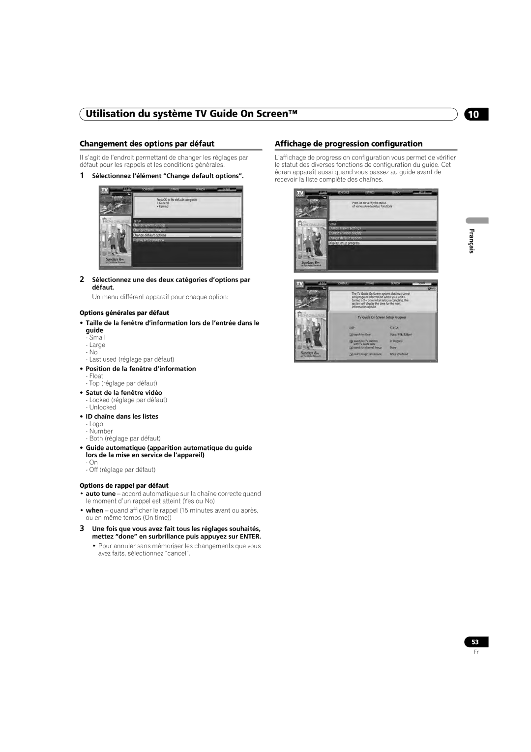 Pioneer PDP-5080HD operating instructions Changement des options par défaut, Affichage de progression configuration 