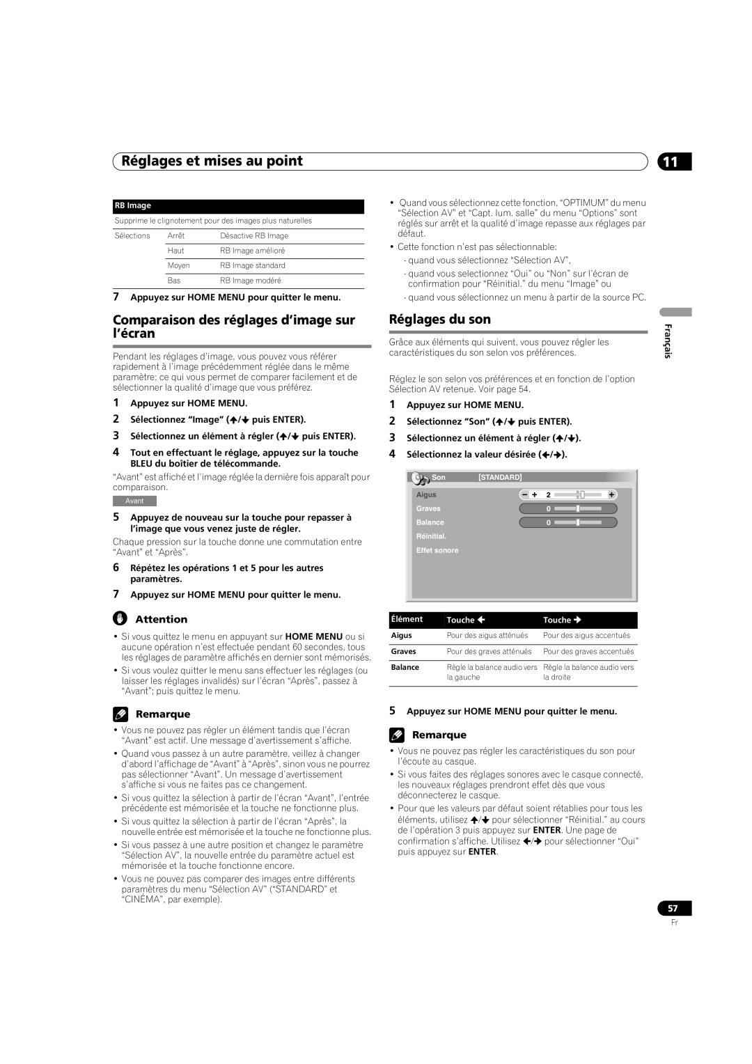 Pioneer PDP-5080HD Comparaison des réglages d’image sur l’écran, Réglages du son, RB Image, Aigus, Graves 