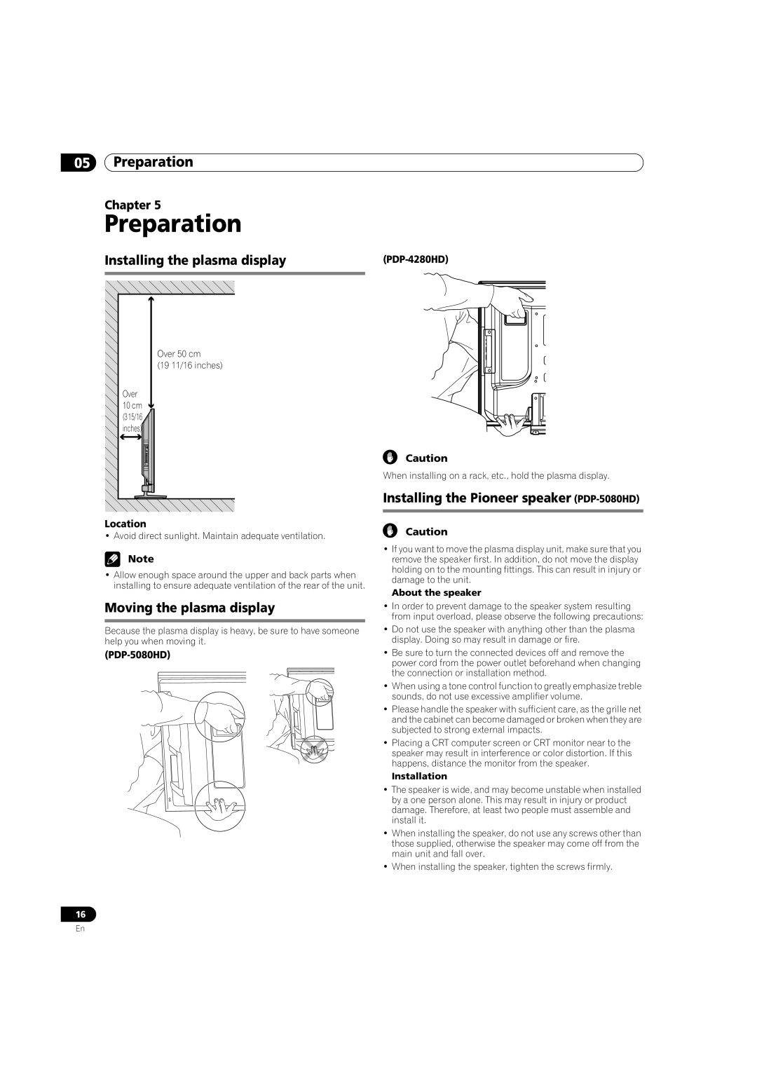 Pioneer PDP-5080HD operating instructions Preparation, Installing the plasma display, Moving the plasma display 