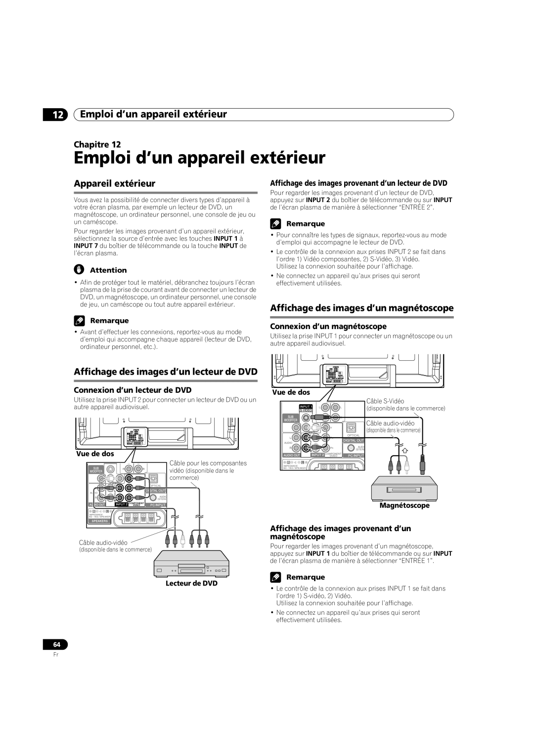 Pioneer PDP-5080HD Emploi d’un appareil extérieur, Appareil extérieur, Affichage des images d’un magnétoscope 