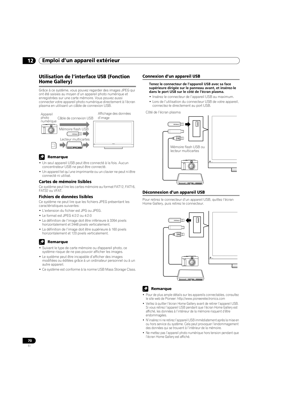 Pioneer PDP-5080HD operating instructions Utilisation de l’interface USB Fonction Home Gallery, Cartes de mémoire lisibles 