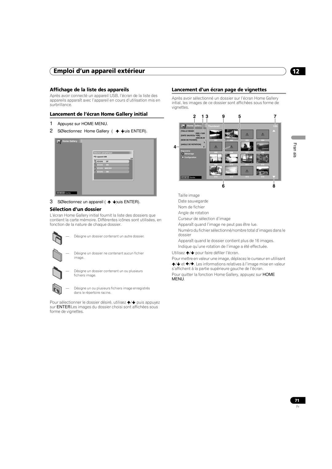 Pioneer PDP-5080HD operating instructions Lancement d’un écran page de vignettes, Lancement de l’écran Home Gallery initial 