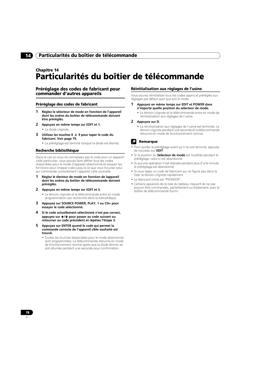 Pioneer PDP-5080HD Particularités du boîtier de télécommande, Préréglage des codes de fabricant, Recherche bibliothèque 