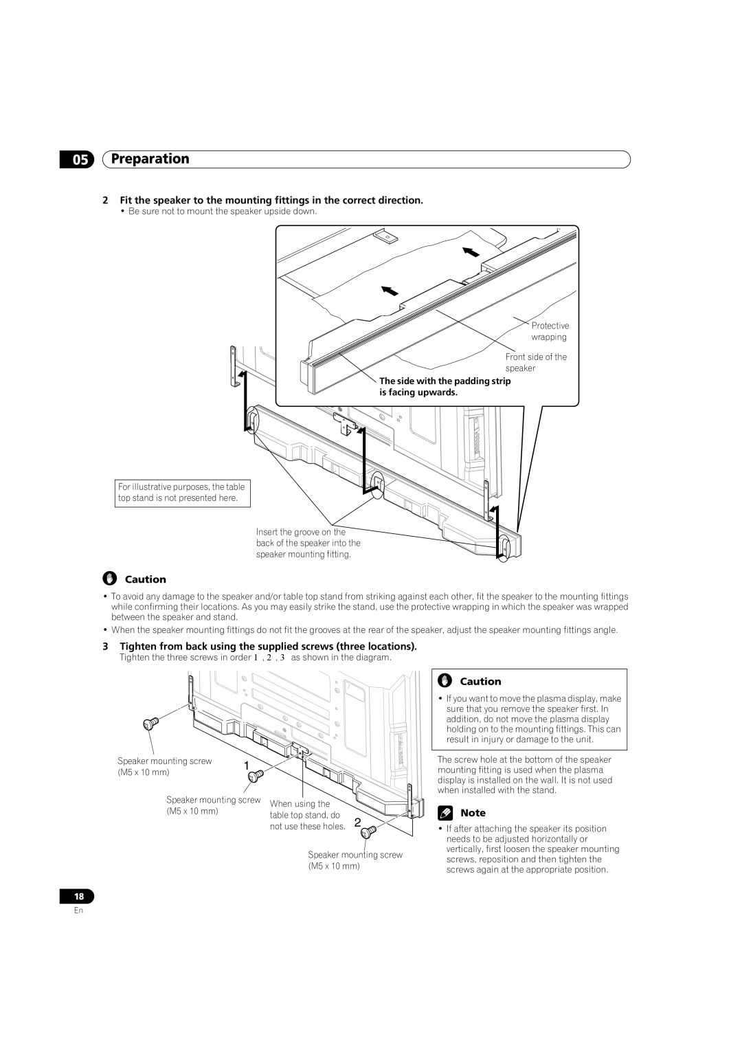 Pioneer PDP-5080HD Tighten from back using the supplied screws three locations, When using M5 x 10 mm Table top stand, do 