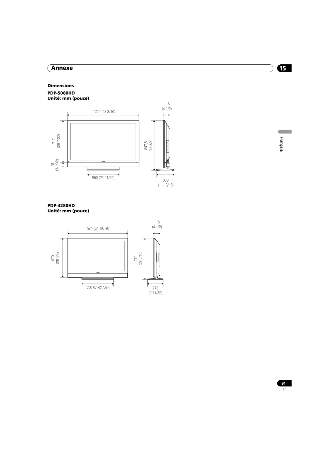 Pioneer operating instructions Dimensions PDP-5080HD Unité mm pouce, PDP-4280HD Unité mm pouce, 273 11/32 