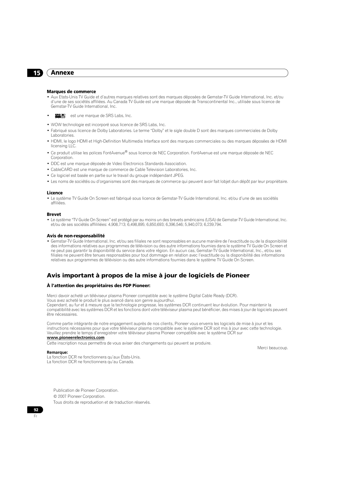 Pioneer PDP-5080HD operating instructions Marques de commerce, Licence, Brevet, Avis de non-responsabilité 