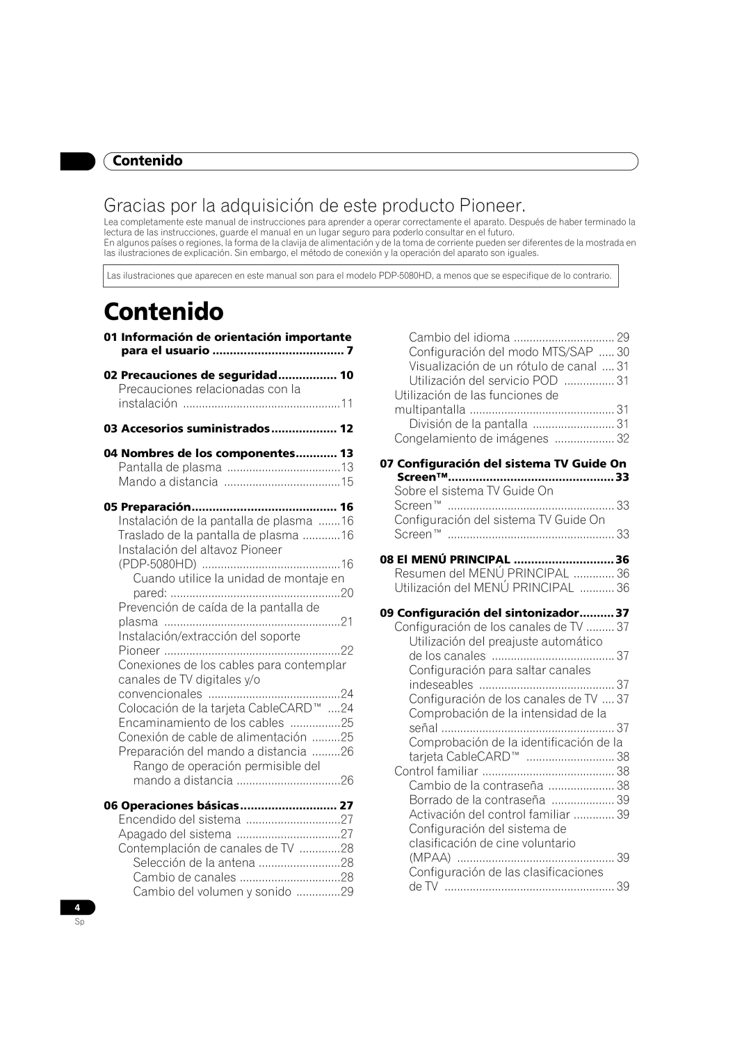 Pioneer PDP-5080HD operating instructions Contenido 