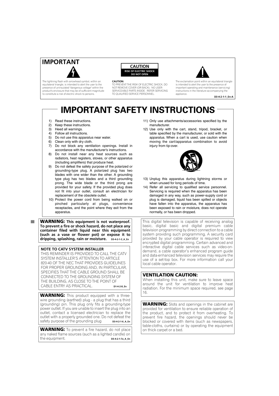 Pioneer PDP-5080HD operating instructions Ventilation Caution 