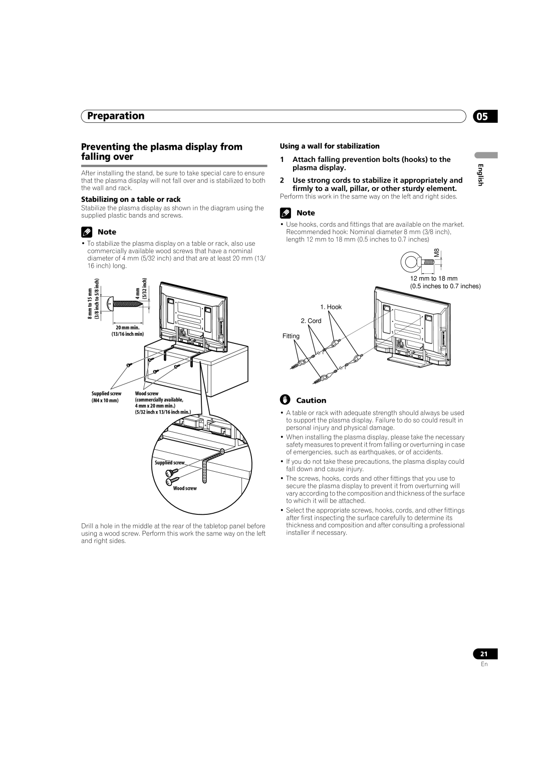 Pioneer PDP-5080HD operating instructions Preventing the plasma display from falling over, Stabilizing on a table or rack 