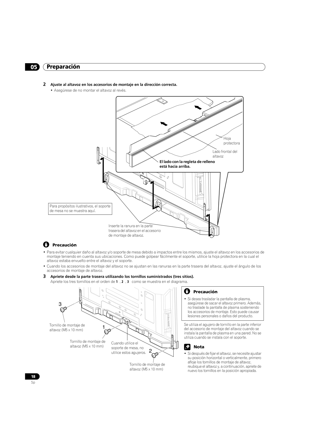 Pioneer PDP-5080HD operating instructions El lado con la regleta de relleno está hacia arriba 