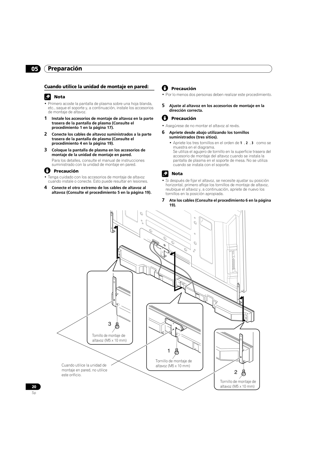 Pioneer PDP-5080HD Cuando utilice la unidad de montaje en pared, Asegúrese de no montar el altavoz al revés 