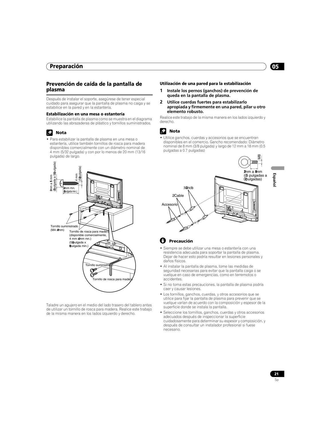 Pioneer PDP-5080HD Prevención de caída de la pantalla de plasma, Estabilización en una mesa o estantería 