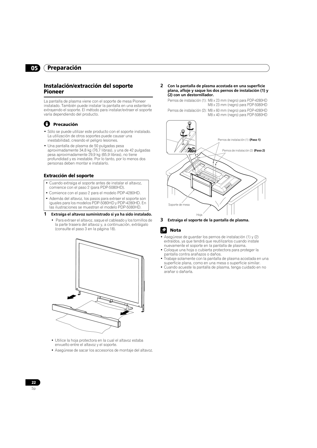 Pioneer PDP-5080HD operating instructions Instalación/extracción del soporte, Pioneer, Extracción del soporte 