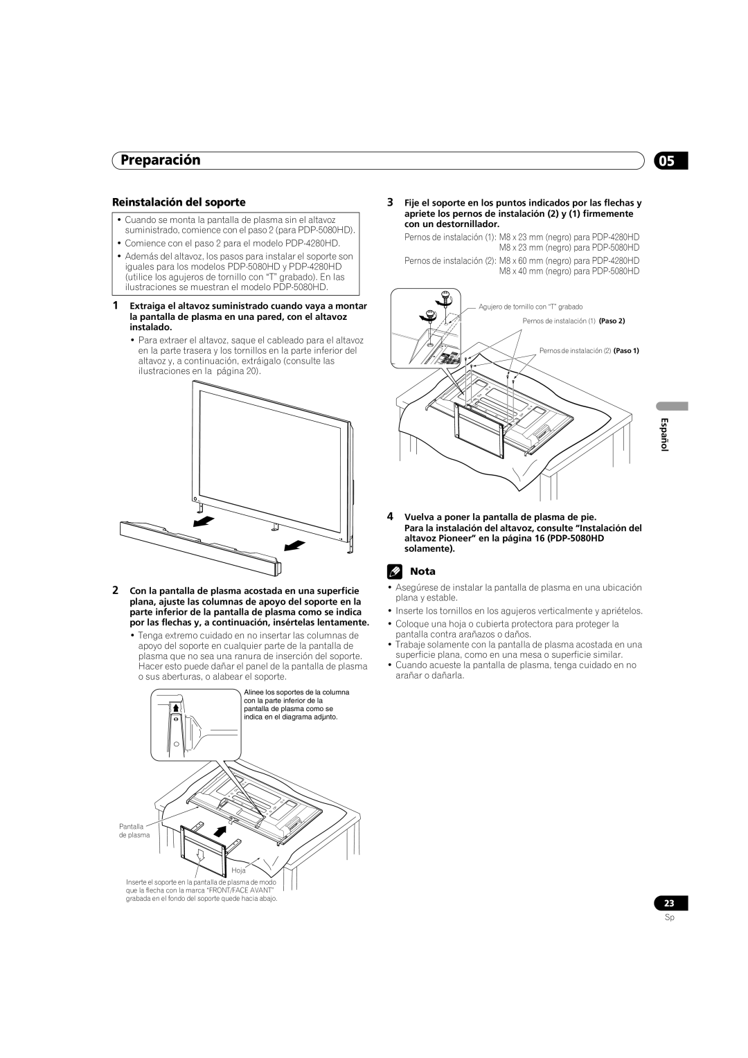 Pioneer PDP-5080HD operating instructions Reinstalación del soporte, Pantalla de plasma Hoja 