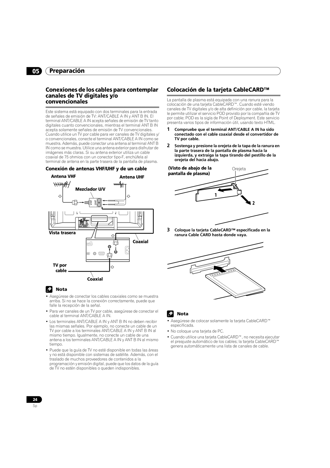 Pioneer PDP-5080HD operating instructions Colocación de la tarjeta CableCARD, Conexión de antenas VHF/UHF y de un cable 