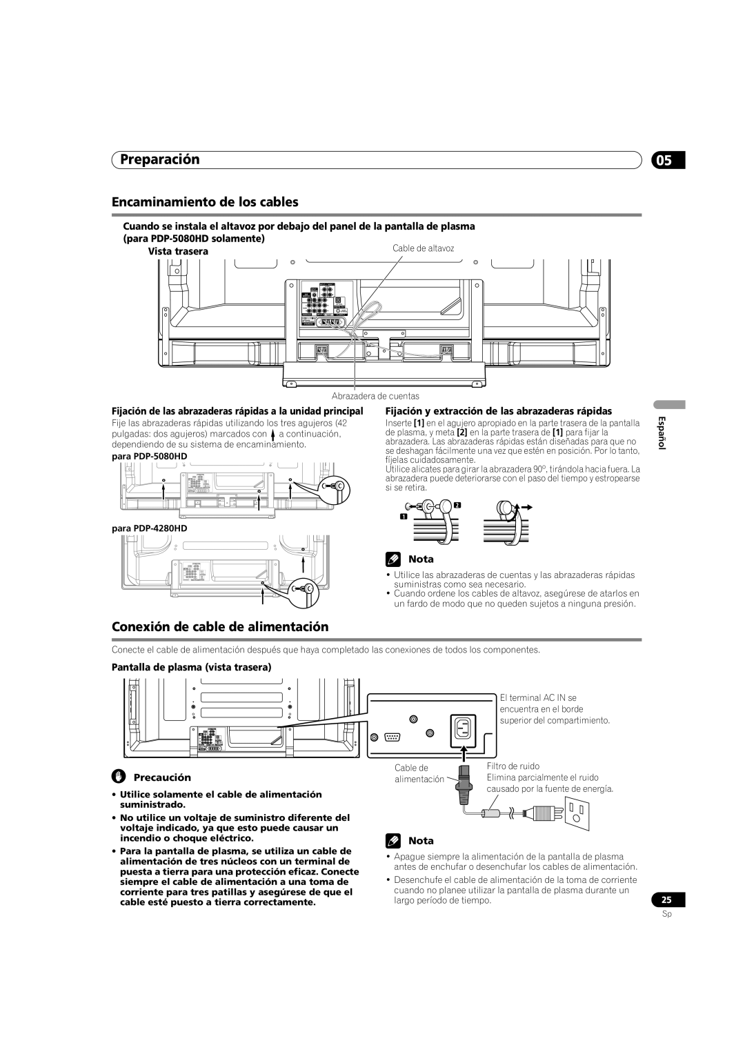 Pioneer PDP-5080HD operating instructions Encaminamiento de los cables, Conexión de cable de alimentación 