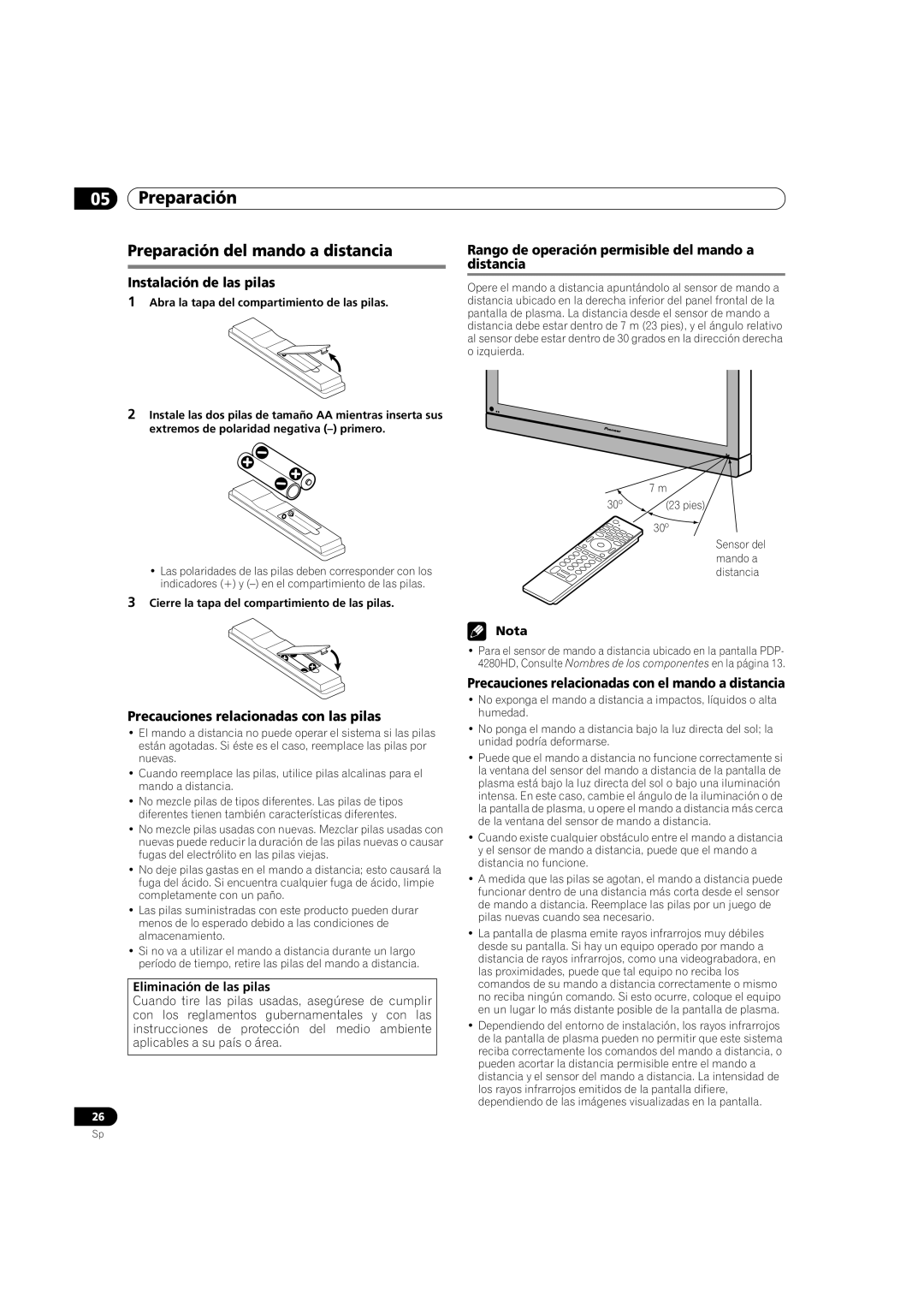 Pioneer PDP-5080HD Preparación del mando a distancia, Instalación de las pilas, Precauciones relacionadas con las pilas 