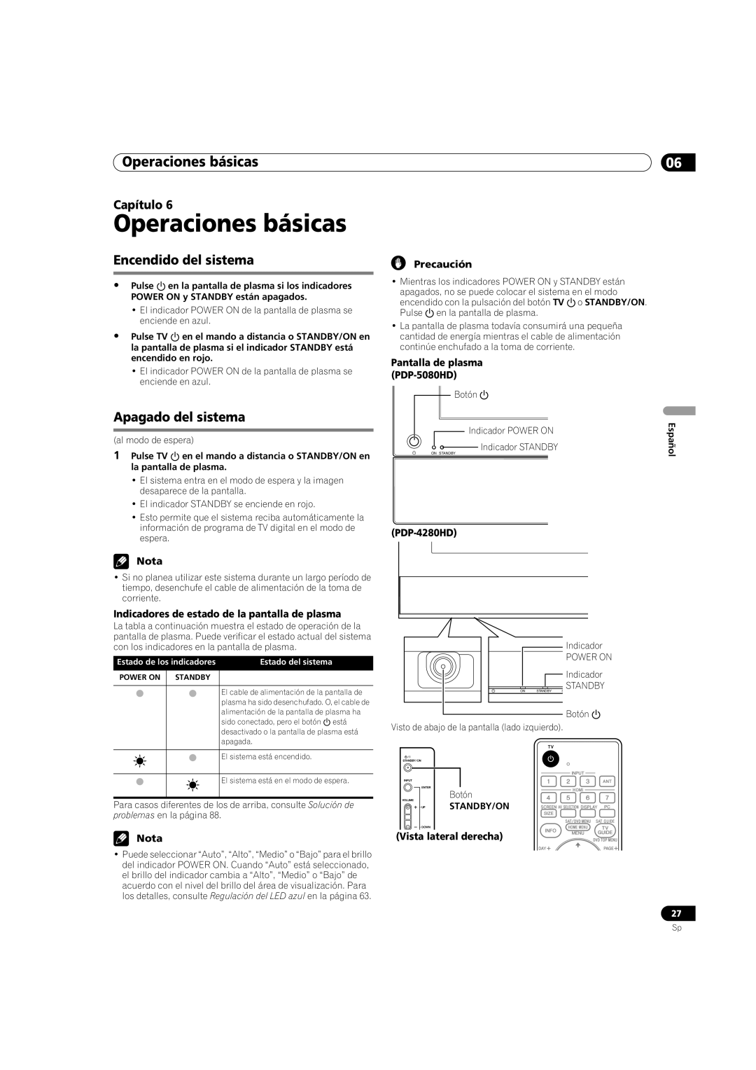 Pioneer PDP-5080HD operating instructions Operaciones básicas, Encendido del sistema, Apagado del sistema 