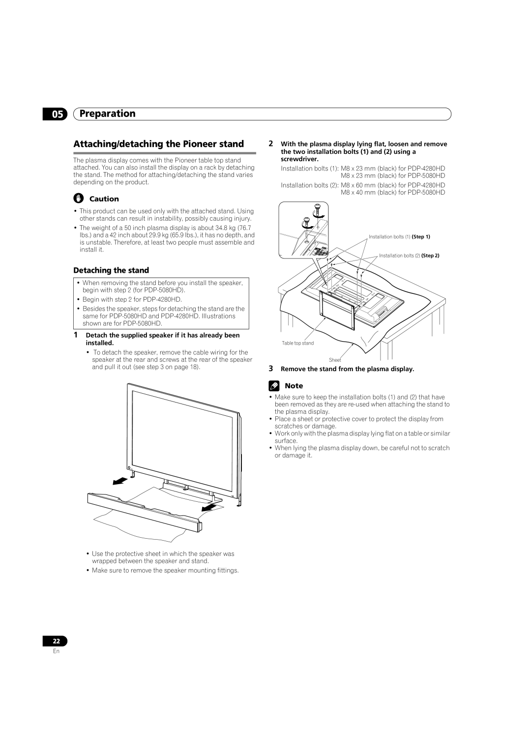 Pioneer PDP-5080HD Attaching/detaching the Pioneer stand, Detaching the stand, Remove the stand from the plasma display 