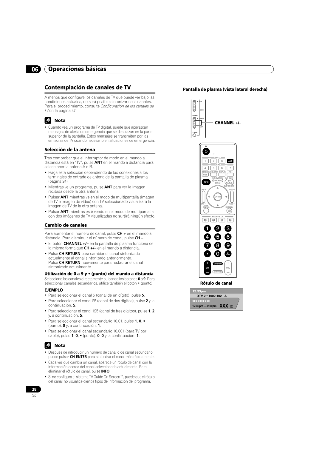 Pioneer PDP-5080HD operating instructions Contemplación de canales de TV, Selección de la antena, Cambio de canales 