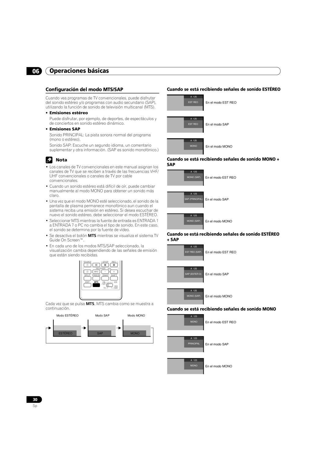 Pioneer PDP-5080HD Configuración del modo MTS/SAP, Cuando se está recibiendo señales de sonido Estéreo 