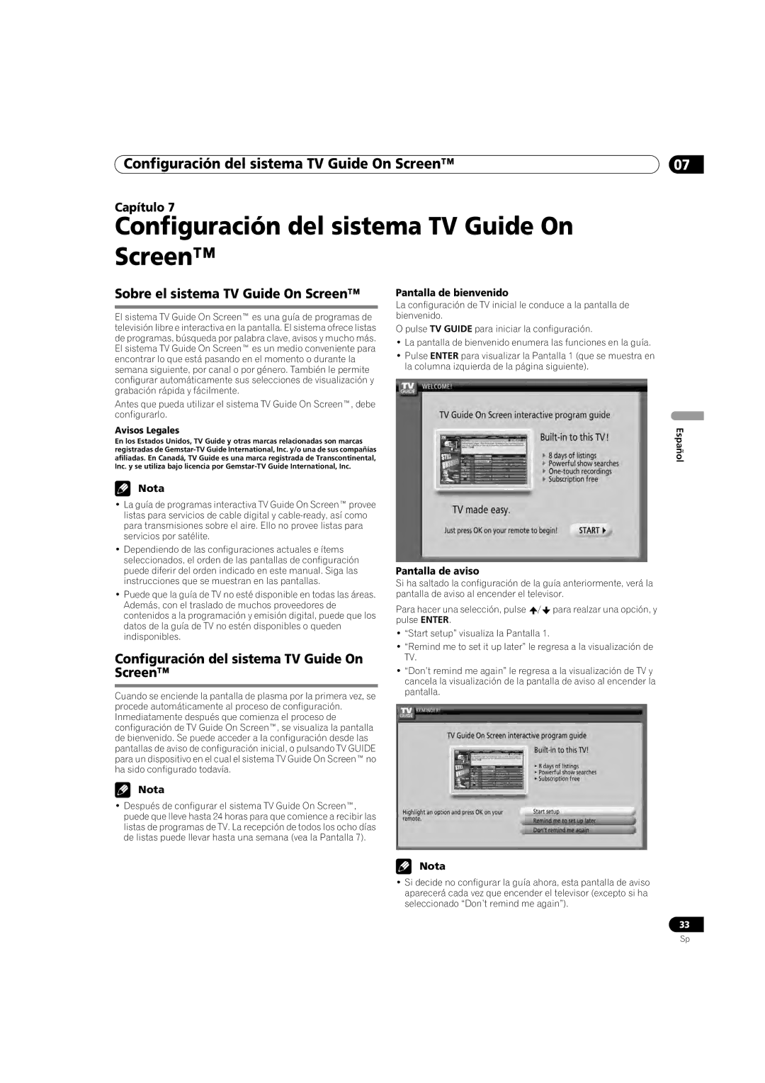 Pioneer PDP-5080HD Configuración del sistema TV Guide On Screen, Sobre el sistema TV Guide On Screen, Pantalla de aviso 