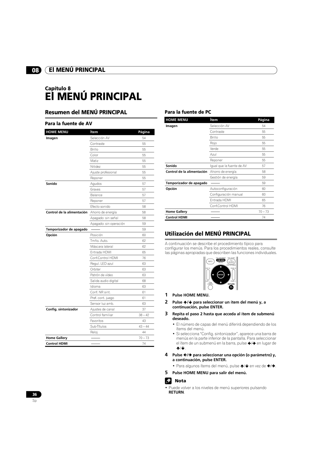 Pioneer PDP-5080HD operating instructions El Menú Principal, Resumen del Menú Principal, Utilización del Menú Principal 