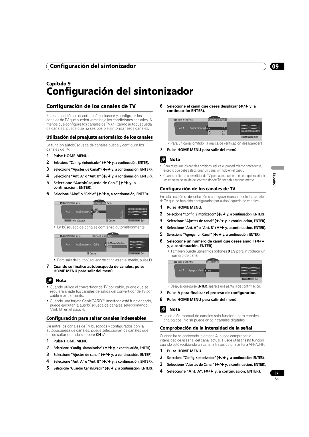 Pioneer PDP-5080HD operating instructions Configuración del sintonizador, Configuración de los canales de TV 