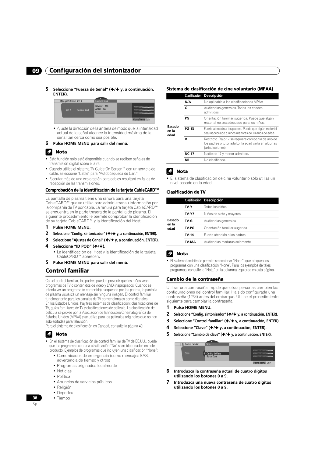 Pioneer PDP-5080HD Control familiar, Cambio de la contraseña, Comprobación de la identificación de la tarjeta CableCARD 