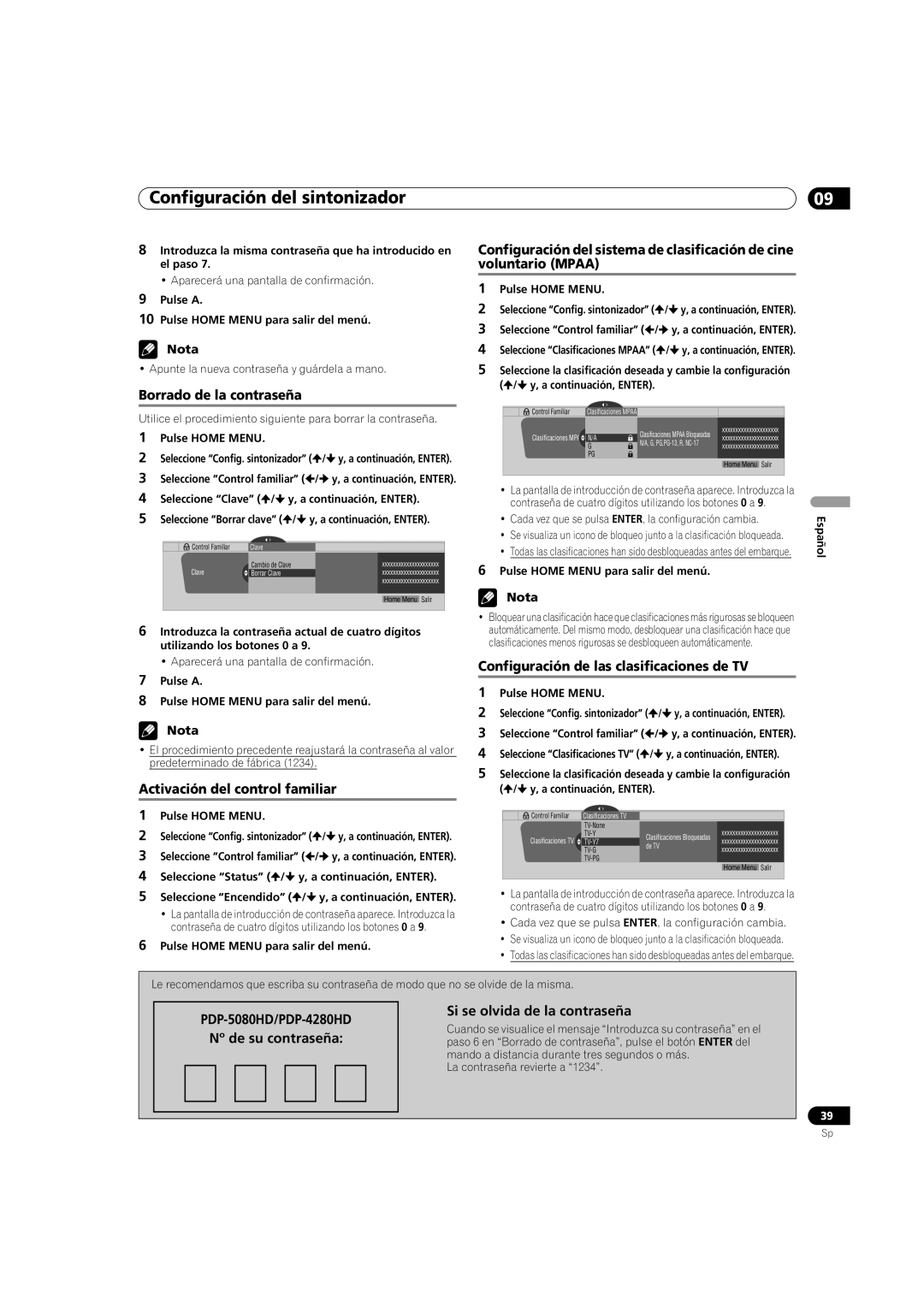 Pioneer PDP-5080HD Borrado de la contraseña, Activación del control familiar, Configuración de las clasificaciones de TV 