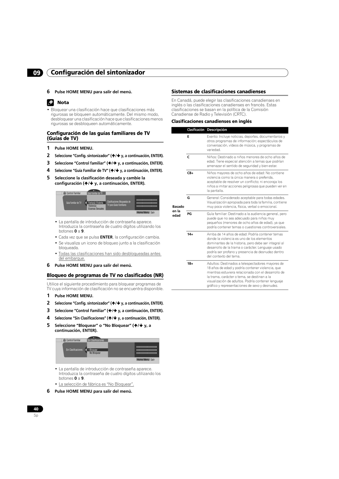 Pioneer PDP-5080HD Configuración de las guías familiares de TV Guías de TV, Bloqueo de programas de TV no clasificados NR 