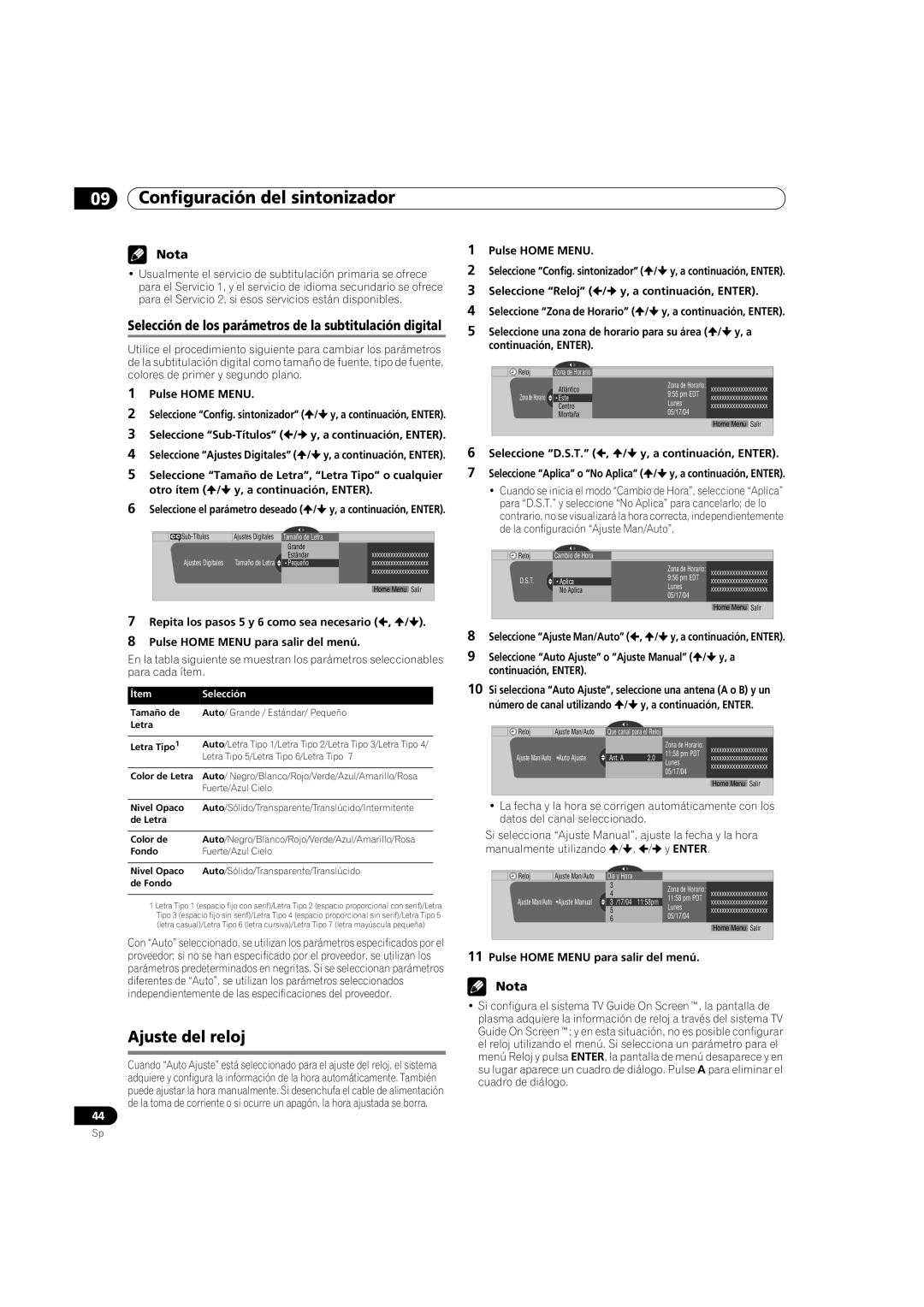 Pioneer PDP-5080HD Ajuste del reloj, Selección de los parámetros de la subtitulación digital, Ítem Selección 