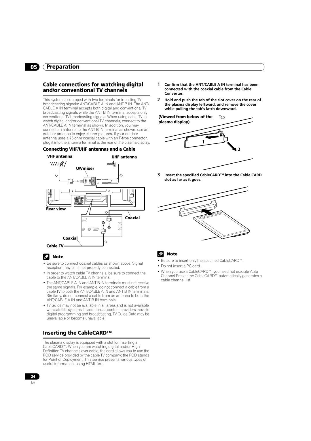 Pioneer PDP-5080HD operating instructions Inserting the CableCARD, Connecting VHF/UHF antennas and a Cable, VHF antenna 