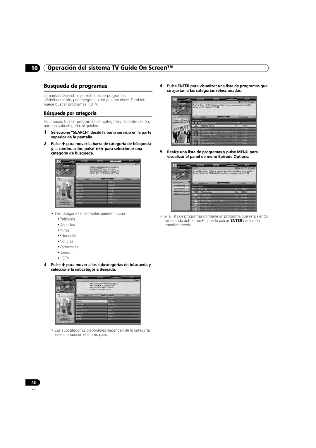 Pioneer PDP-5080HD operating instructions Búsqueda de programas, Búsqueda por categoría 