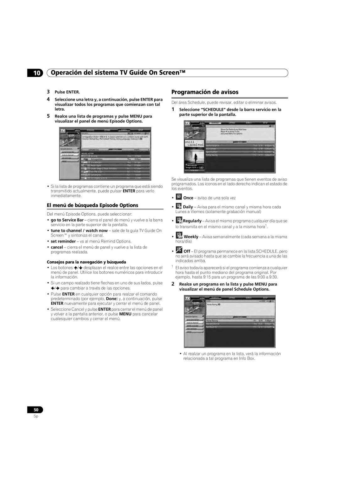 Pioneer PDP-5080HD Programación de avisos, El menú de búsqueda Episode Options, Consejos para la navegación y búsqueda 