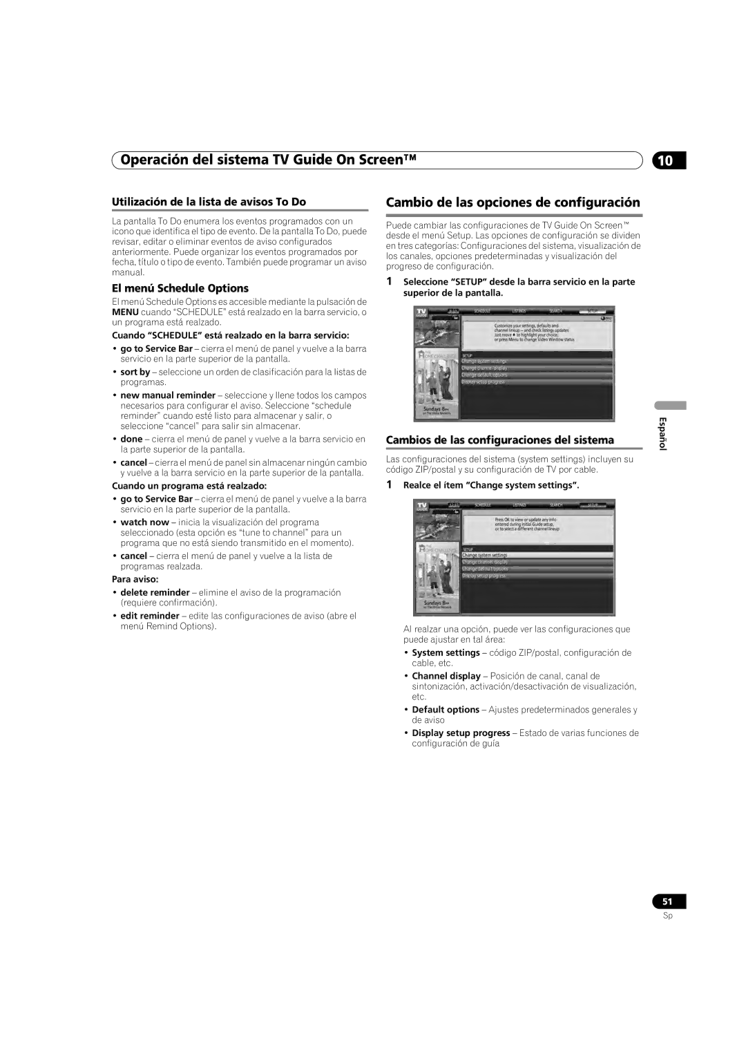 Pioneer PDP-5080HD operating instructions Cambio de las opciones de configuración, Utilización de la lista de avisos To Do 