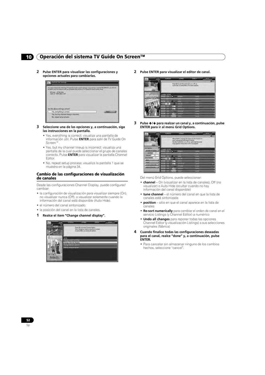 Pioneer PDP-5080HD operating instructions Cambio de las configuraciones de visualización de canales 