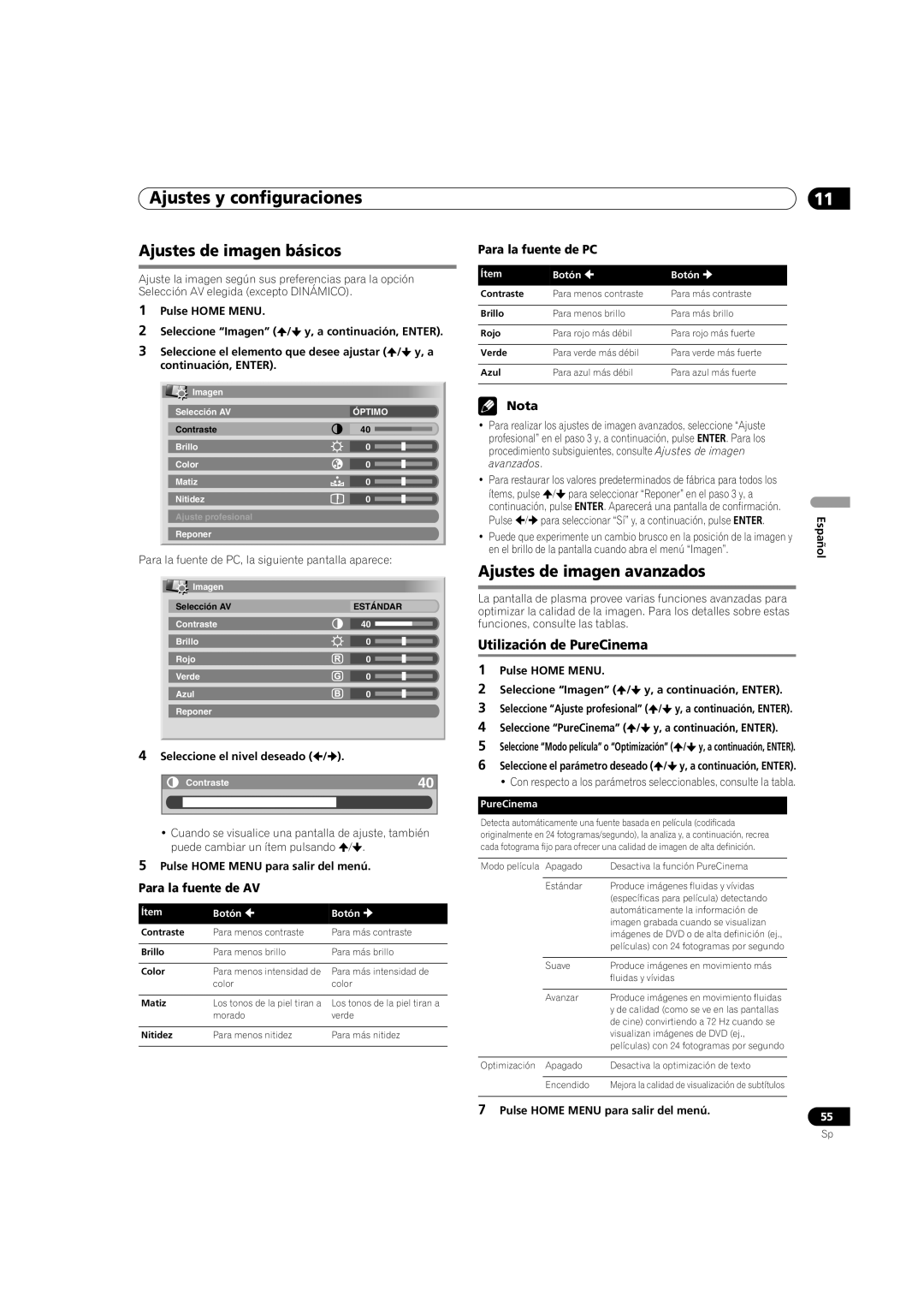 Pioneer PDP-5080HD operating instructions Ajustes de imagen básicos, Ajustes de imagen avanzados, Utilización de PureCinema 