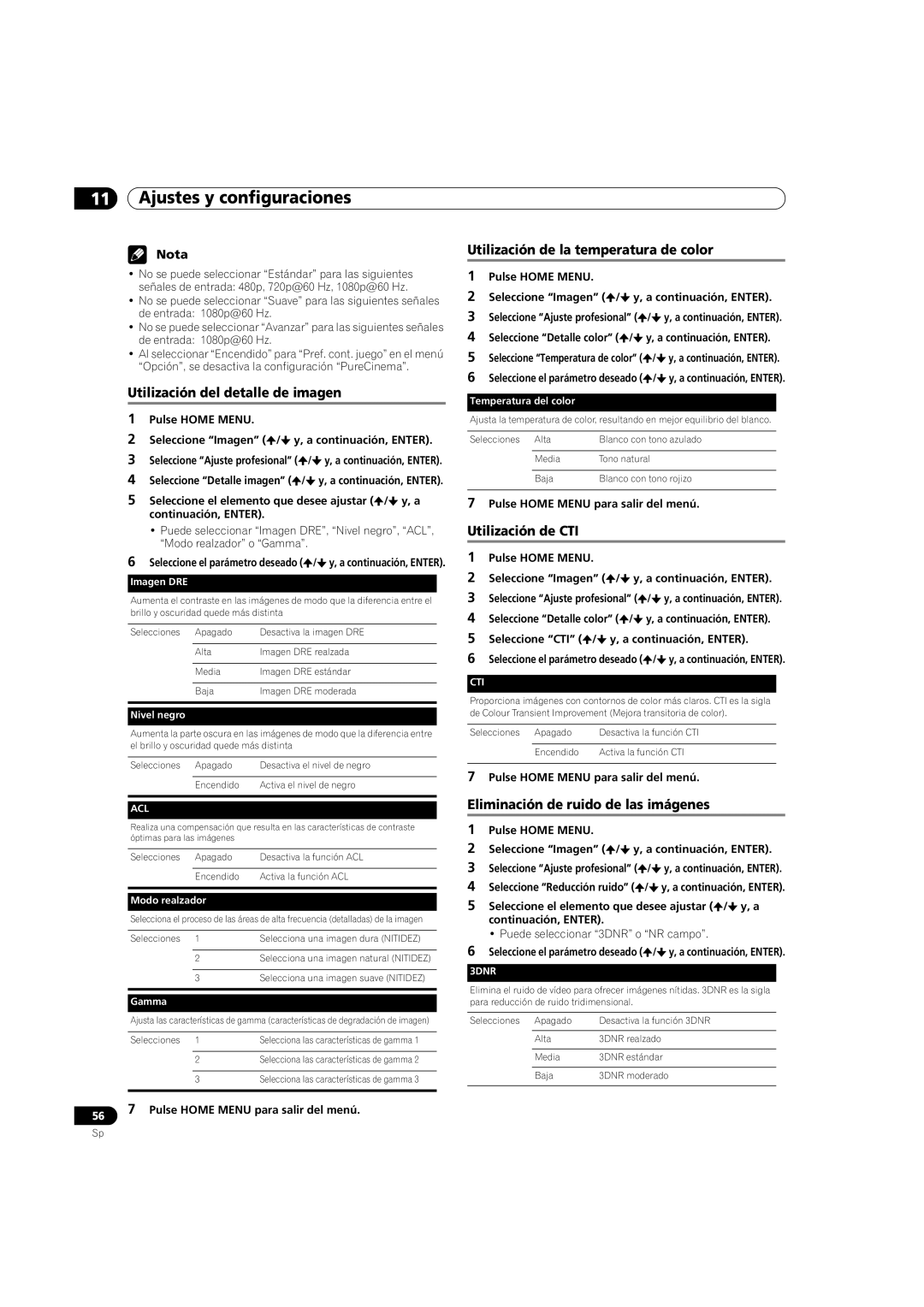 Pioneer PDP-5080HD Utilización del detalle de imagen, Utilización de la temperatura de color, Utilización de CTI 
