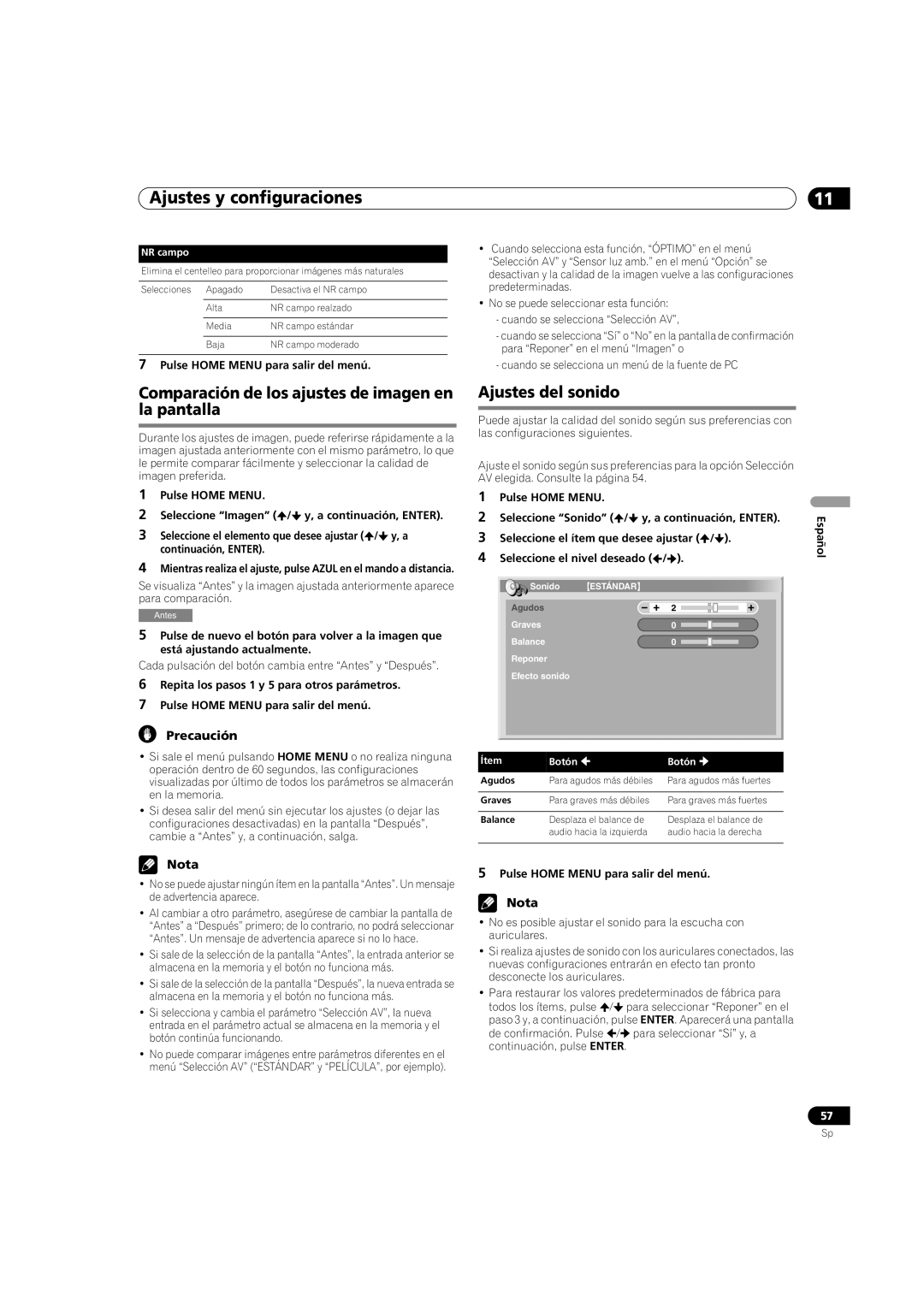 Pioneer PDP-5080HD operating instructions Comparación de los ajustes de imagen en la pantalla, Ajustes del sonido, NR campo 